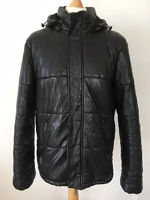 Buy Armani Jeans Black Faux Leather Hooded Puffer Jacket Men's Size 54 PTP 24  • 20£