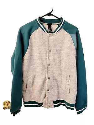 Buy H & M Snap Front Soft Fleece Baseball Jacket Sweatshirt Long Sleeve Gray Green M • 16.41£
