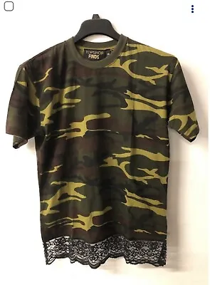 Buy TOPSHOP FINDS Ladies Round NECK Army SMALL 8/10 T-Shirt CAMO With LACE RRP £32 • 14.99£