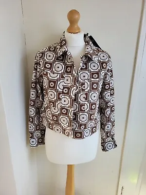 Buy Denim Co. Ladies Cropped Denim Jacket Size 10 Brown White Floral Retro Look BNWT • 12.99£