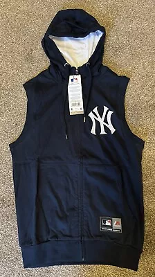 Buy Mens Majestic New York Yankees Hower Sleeveless Zip Hoodie Navy Blue OCTFD [S] • 25£