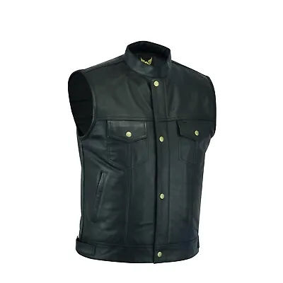 Buy Men's Top Grain Leather Waistcoat Cut Off Style Sons Anarchy Gun Pockets Vest • 54.98£