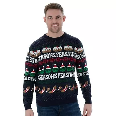 Buy Mens Novelty Funny Knitted Christmas Jumper Xmas Sweater Navy Seasons Feastings • 15.99£