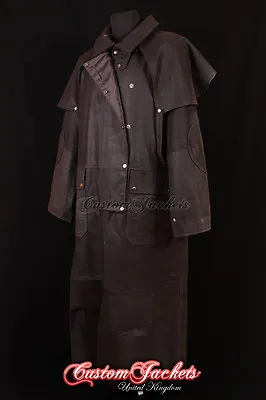 Buy Men's FRONTIER DUSTER Brown SKIPPER Hide Long Riding Leather Jacket Coat 0091 • 178.19£