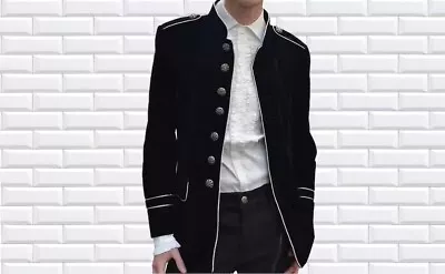 Buy Men's Handmade Black Cotton Jacket Black Military Style Silver Piping • 78.99£