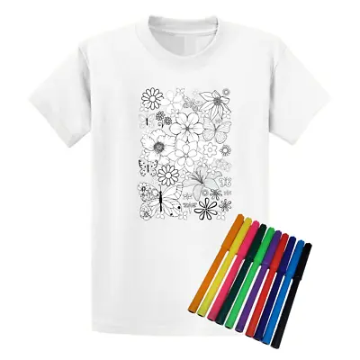 Buy Second Ave Flower Butterfly White T-Shirt Colour In And Wash Out + 10 Pens Girls • 9.95£