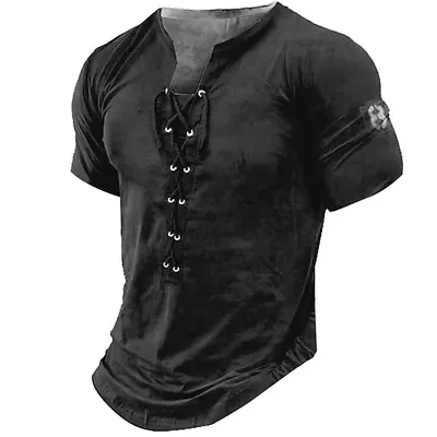 Buy Mens Lace Up Muscle Slim Fit T-Shirt Grandad Short Sleeve Gym Fitness Tee Tops • 12.29£