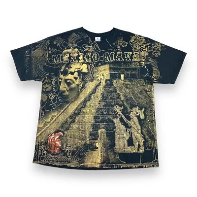 Buy Vintage All Over Print Mexico Maya Aztec T Shirt Black Gold XXL • 29.99£