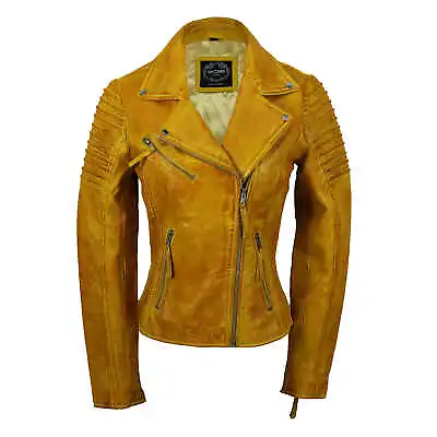 Buy  Womens Vintage Slim Fitted Soft Real Leather Ladies Biker Jacket UK Size 6 – 24 • 69.99£