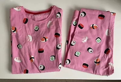 Buy M&S Girl Pink Cute Sushi Pattern Pyjamas Set Top Bottom 14-15 Years • 12£
