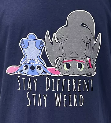 Buy Qwertee Mens T Shirt Stitch & Toothless  Stay Different Stay Weird  Large Blue1C • 9.99£