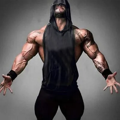 Buy Men Muscle Hoodie Tank Top Sleeveless Vest Gym Workout Bodybuilding Hooded Shirt • 11.51£