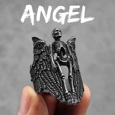 Buy Angel Wing Skull Men Rings Stainless Steel Women Jewelry Punk Gothic Rock 7-13 • 9.64£