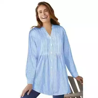 Buy Woman Within Plus Size Perfect Pintuck Blue And White Striped Tunic Shirt 1X • 21.21£