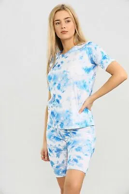 Buy Womens Tie Dye Print T-Shirt Cycling Shorts 2PCS Set Ladies Turquoise Tracksuit • 8.95£