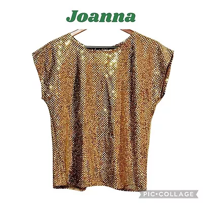 Buy Joanna Vintage Women Metallic Golden Sequins Short Sleeve Top Size M NWT • 33.07£
