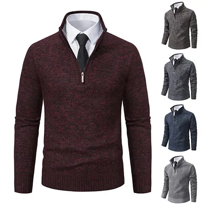 Buy Mens Fleece Lined Jumper Tops Zipper V Neck Collar Winter Sweater Shirt Pullover • 13.29£