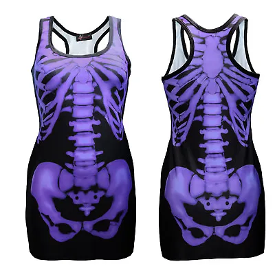 Buy Black & Purple X-Ray Skeleton Ribcage Bones Long Tank Top Goth Punk Halloween • 21.79£