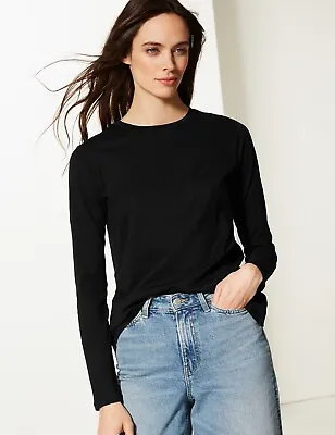 Buy LADIES EX Marks & Spencer THE STRAIGHT LONG SLEEVE CREW NECK T-SHIRT PURE COTTON • 5.99£