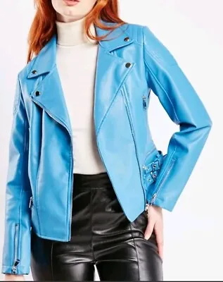 Buy Copperose Paris PU Faux Leather Biker Jacket,Blue Size 10-12 Uk New • 29.99£