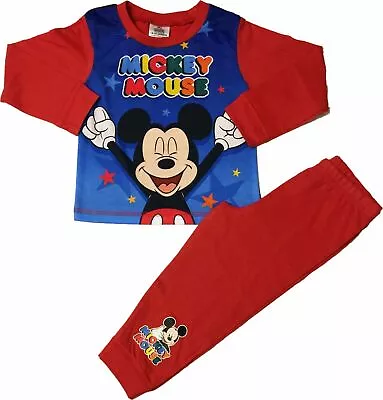 Buy Mickey Mouse Boys Pyjamas Kids Nightwear PJs 100% Cotton Long Sleeve Blue Red • 9.99£