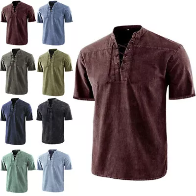 Buy Mens V Neck Short Sleeve Plain Muscle Shirts Tops Casual Lace Up T Shirt Blouse • 12.49£