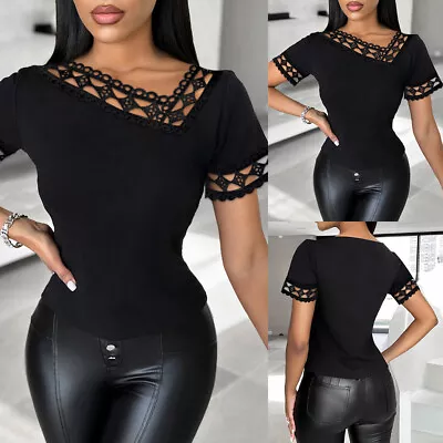 Buy Womens Sexy Lace Short Sleeve Casual T-shirts Ladies Solid Tunic Tops Blouse Tee • 10.79£