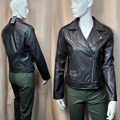 Buy M&S Faux Leather BIKER JACKET ~ Size 14 ~ BLACK (rrp £49.50) • 29.99£