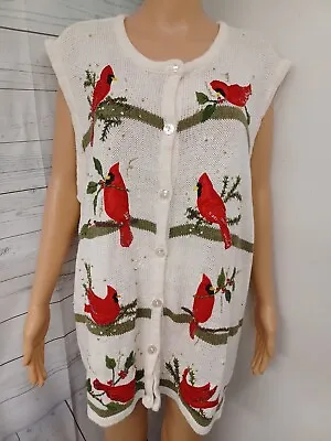 Buy White Stag Christmas Vest Womens 26W/28W Ivory Red Applique Embroidery Cardinals • 16.11£