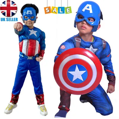 Buy Boys Marvel Captain America Costume Avengers Child Superhero Fancy Dress Outfit~ • 18.99£