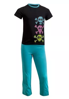 Buy Boys Black & Blue Multi Pixelated Skull Short Sleeve T-Shirt & Trouser Pyjamas  • 8.99£