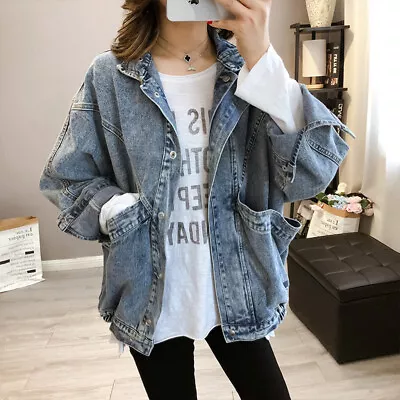 Buy Ladies Vintage Baggy Washed Denim Jacket Two Big Pockets Bf Style Casual Tops • 32.39£