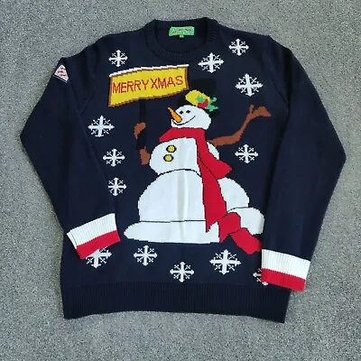 Buy Christmas Jumper Mens Large Pullover Snowman Ho Ho Ho Knit Blue Acrylic Winter • 7.19£