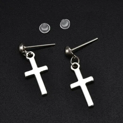 Buy Cross Stud Simple Earrings Silver Tone Gothic Punk Rock Pierced Jewellery • 3.99£