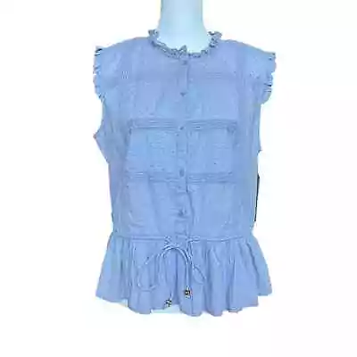 Buy Calligraphie NWT Blue Swiss Dot Lace Sleeveless Peasant Blouse Women’s Size L • 16.57£