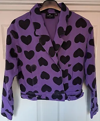 Buy Lazy Oaf Denim Jacket Heart Burn 80s Purple & Black Hearts Size S - VGC • 26£