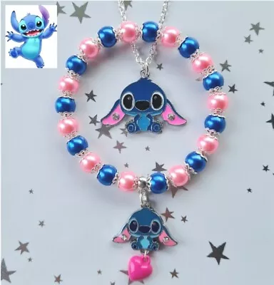Buy New Lilo & Stitch Glass Bead Dimante Charm Bracelet & Necklace In Gift Bag Blue • 6.49£