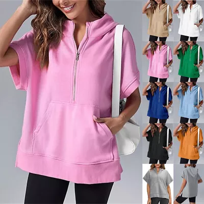 Buy Womens Half Zip Pullover Stylish Summer Women's Zipper Hoodie With Short Sleeves • 16.79£