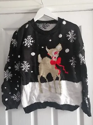 Buy Christmas Reindeer And Snowflakes Jumper Black Size Med • 12.99£
