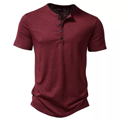 Buy Mens Summer Solid Button V Neck T Shirts Henley Casual Short Sleeve Slim Tops • 10.89£