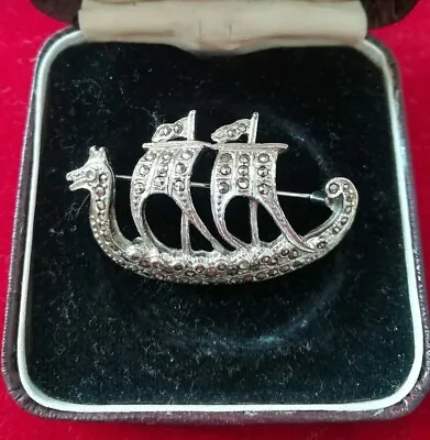Buy Vintage Jewellery Silver Tone Marcasite Dragon Boat Viking Sailing Ship Brooch • 8£