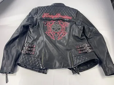 Buy Harley Davidson Scroll Skull Leather Jacket Size Large Embrodiered Buckles Biker • 204.27£
