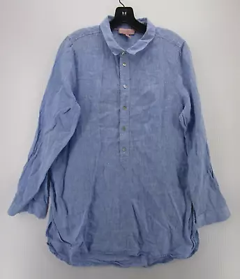 Buy Saint Tropez West Shirt Women Large Blue Linen 1/2 Button Up Tunic Top Peasant * • 17.36£