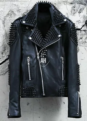 Buy Mens Full Punk Black Metal Spiked Studded Real Leather Biker Jacket With Pockets • 189£