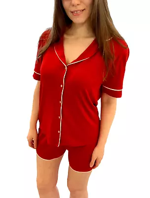 Buy Womens Gift Pyjamas Short Sleeve Button Down Piping PJ Shorts Set Red Size 10-16 • 13.99£