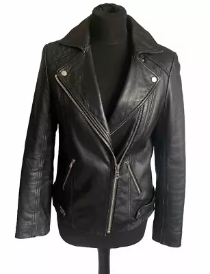 Buy Black 100% Leather Biker Jacket By Warehouse, UK 10, Soft, Worn & Distressed • 15£