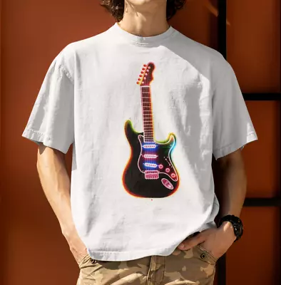 Buy Guitar T Shirt | Guitarist Gift | Strat | Neon Guitar | Unisex Premium Cotton • 12.95£