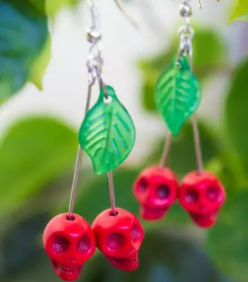 Buy Skull Cherry Earrings Rockabilly Pin Up Kitsch Funky Quirky Gothic Jewelry Gift • 20.74£