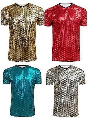 Buy Men's Metallic Shiny Fish Scale Mermaid  Silver Gold Red Green T-shirts Tops • 21.99£