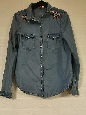 Buy H&M Blue Denim Shirt/light Jacket With Tribal Pattern Embroidery • 3£